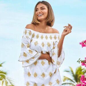 Boston Proper Gold Starburst Embroidered White Off Shoulder Dress Bell Sleeve